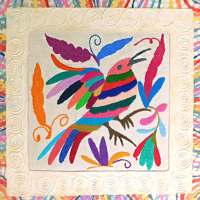 Mixed Media Wall Art: Color Starburst Bark Paper & Embroidered Bird