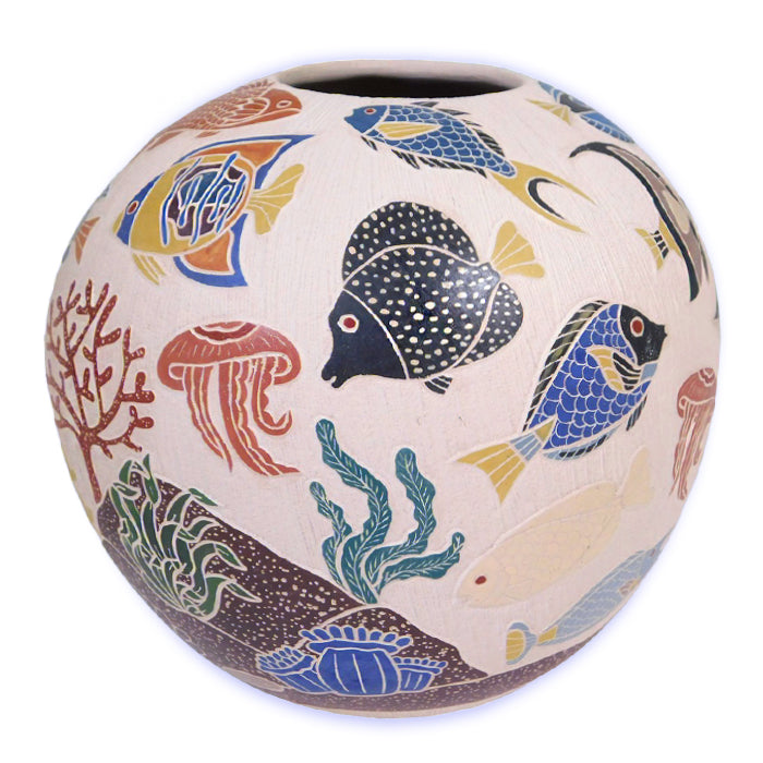 Mata Ortiz ceramic olla etched with colorful fish