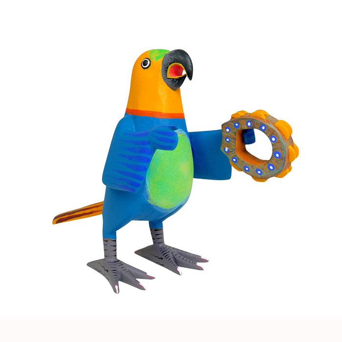 Avelino Perez: Parrot with Tambourine Woodcarving