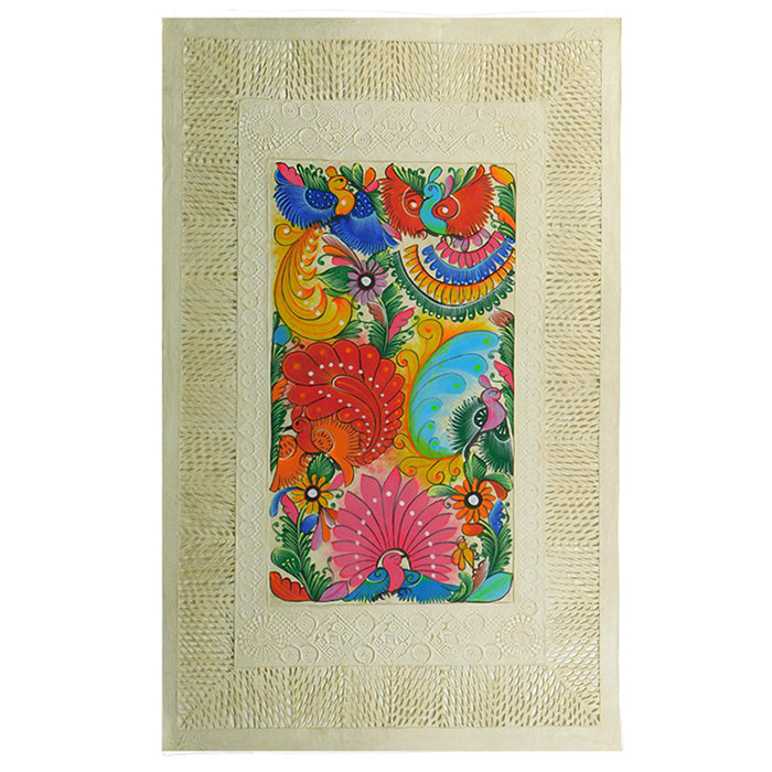 Mixed Media Wall Art: Woven Paper Hand Painted Peacocks