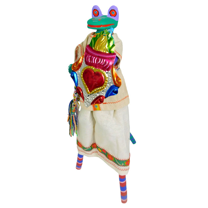 Martin Melchor: Frog on Stilts with Tin Ornament Woodcarving